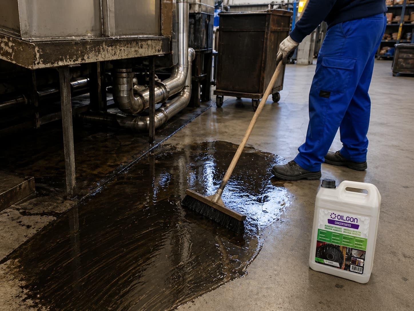 Oilgon application on industrial oil and grime on the floor
